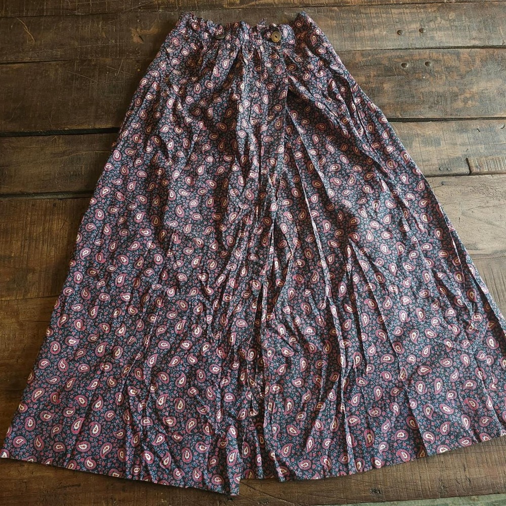 Paisley Maxi Skirt w/Button Detail Wrap Soft Cotton Black Red Blue 1930s Vintage